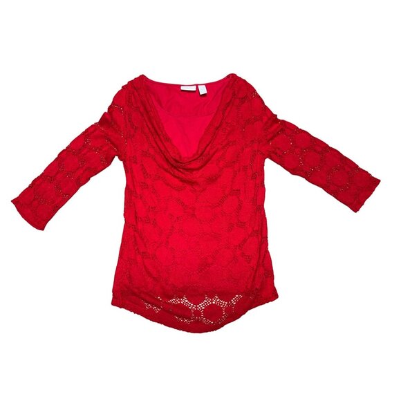 Chicos Size 0 Red Crochet Knit Cowl Neck Sweater Blouse Layered Fit Boho Core - Picture 6 of 12